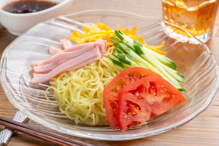 Cold Chinese Noodles Served in a Glass Bowl