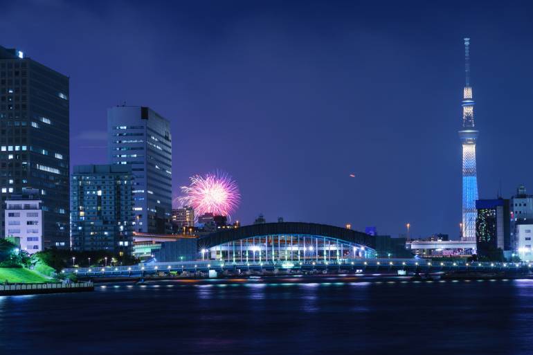 Tokyo Sky Tree and Fireworks taken from Chuo Ohashi Bridge